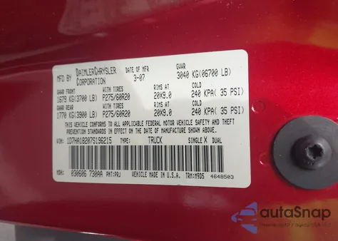 2007 Dodge Ram 1500 Slt from USA, damaged, VIN 1D7HA18207S196215